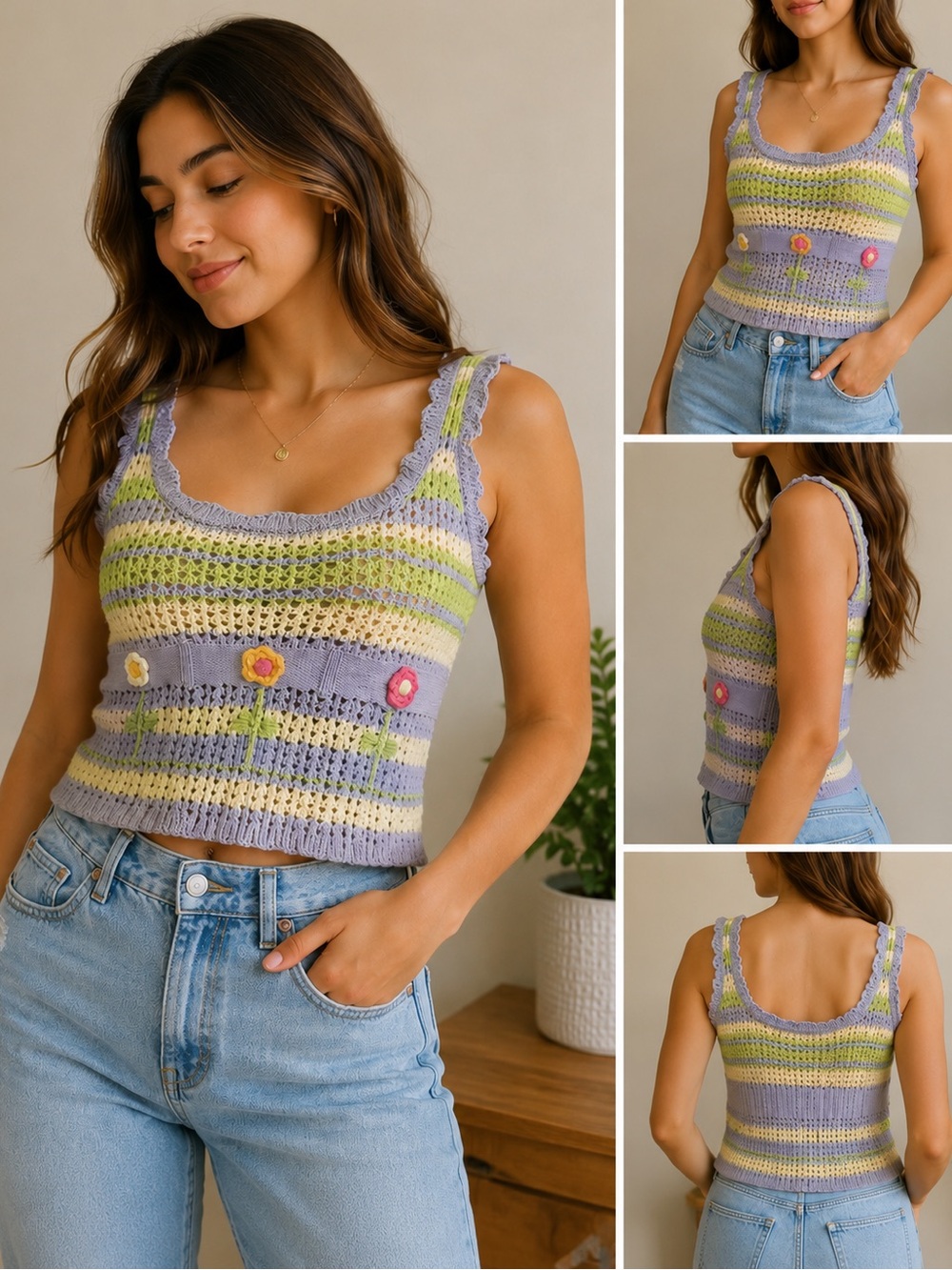 Fengnibuke Y2K Crochet Knit Floral Striped Tank Top